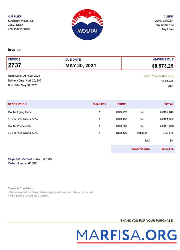 Blank USA Moutai invoice template